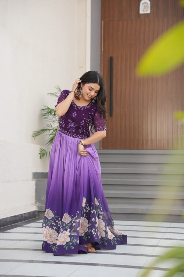 Women's Cotton Floral Printed Anarkali Gown Dress with Embellished Bodice – Party Wear - Image 7