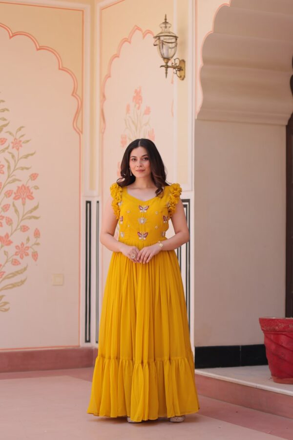 Women's Cotton Embroidered Flared Long Gown With Ruffle Sleeves - Image 14